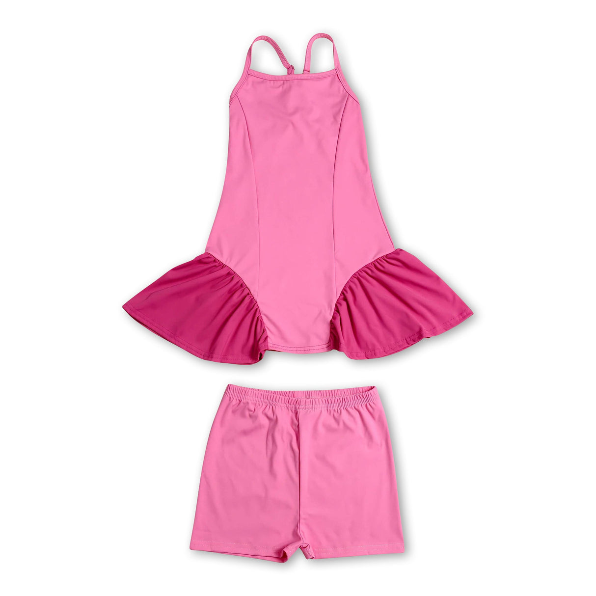 Straps pink patchwork athletic dress shorts girls active set