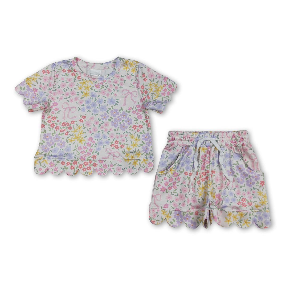 Short sleeves pink bow floral scallop kids girls summer outfits