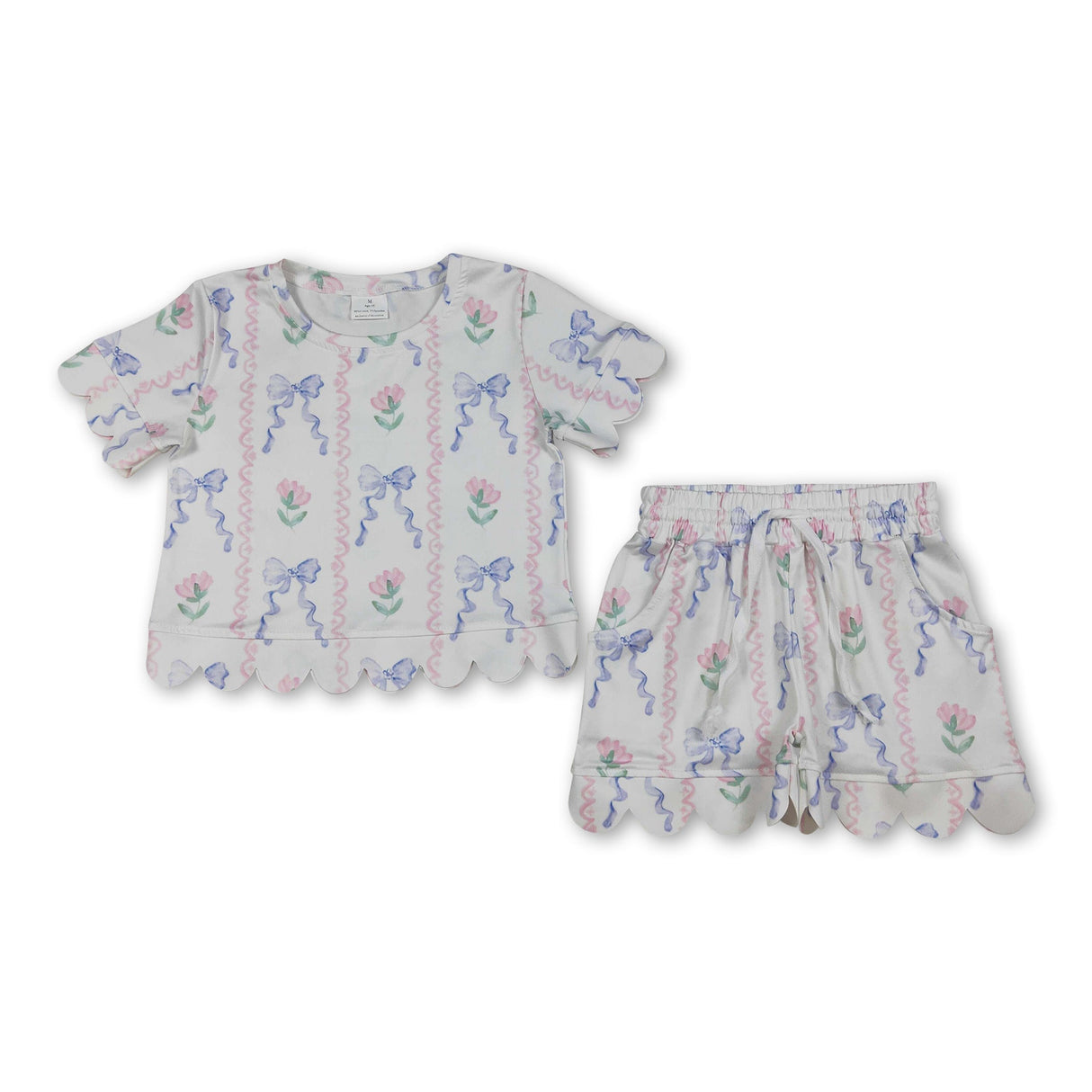 Short sleeves floral bow scallop top shorts girls outfits