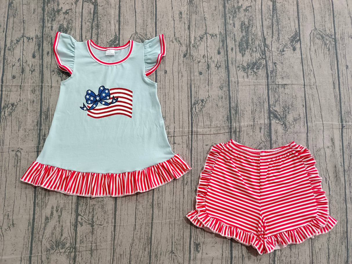 Flutter sleeves flag bow stripe shorts girls 4th of july outfit