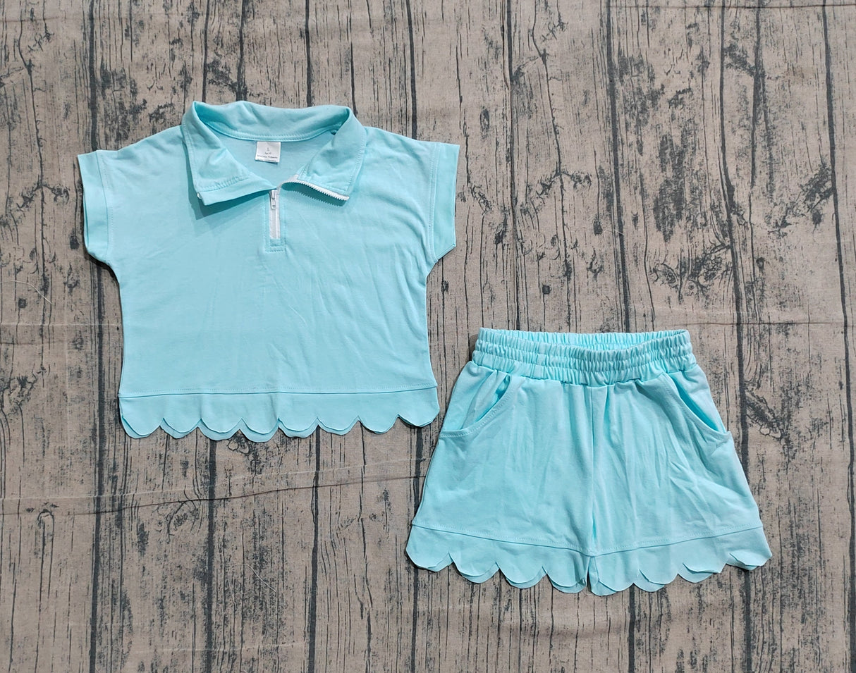 Aqua short sleeves scallop pullover shorts girls outfits