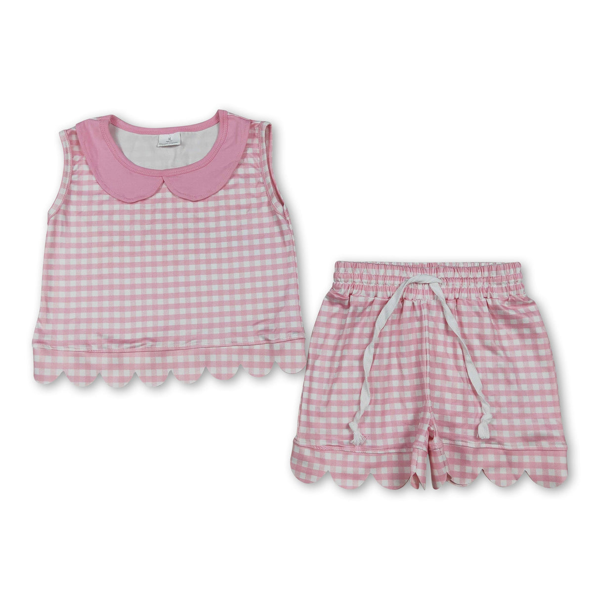 Sleeveless pink plaid scallop top shorts girls outfits