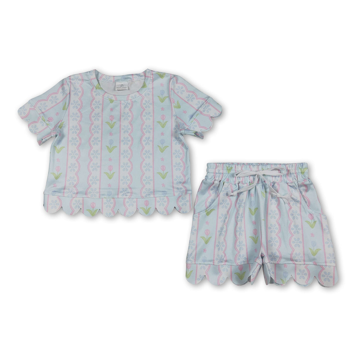 Short sleeves light blue floral scallop kids girls summer outfits