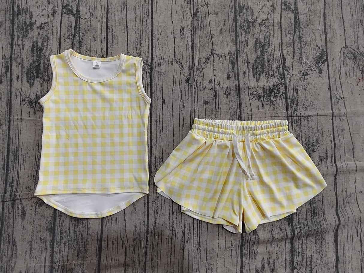 Sleeveless yellow plaid top shorts girls active wear set