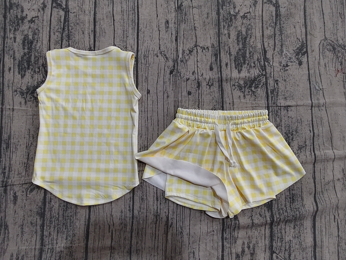 Sleeveless yellow plaid top shorts girls active wear set