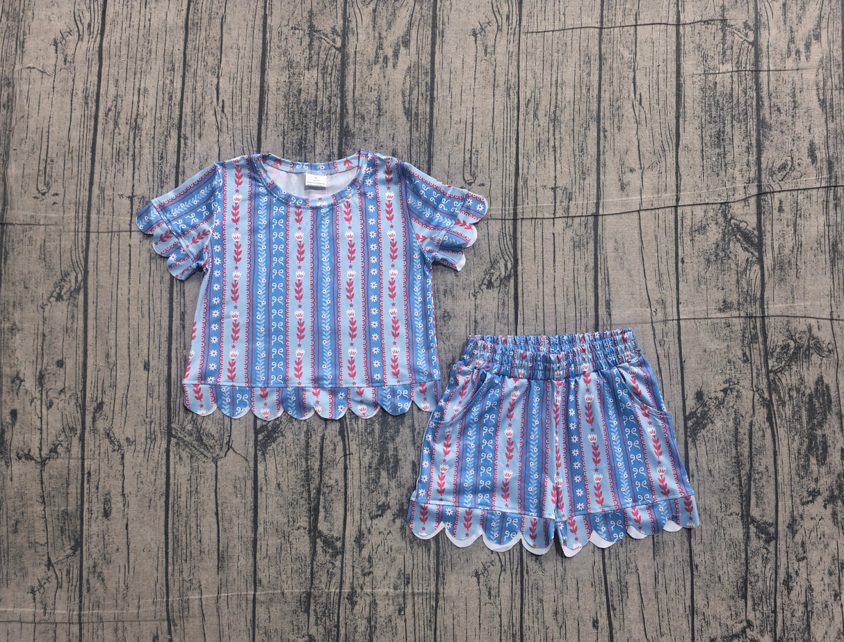 Short sleeves scallop blue floral bow girls summer clothes