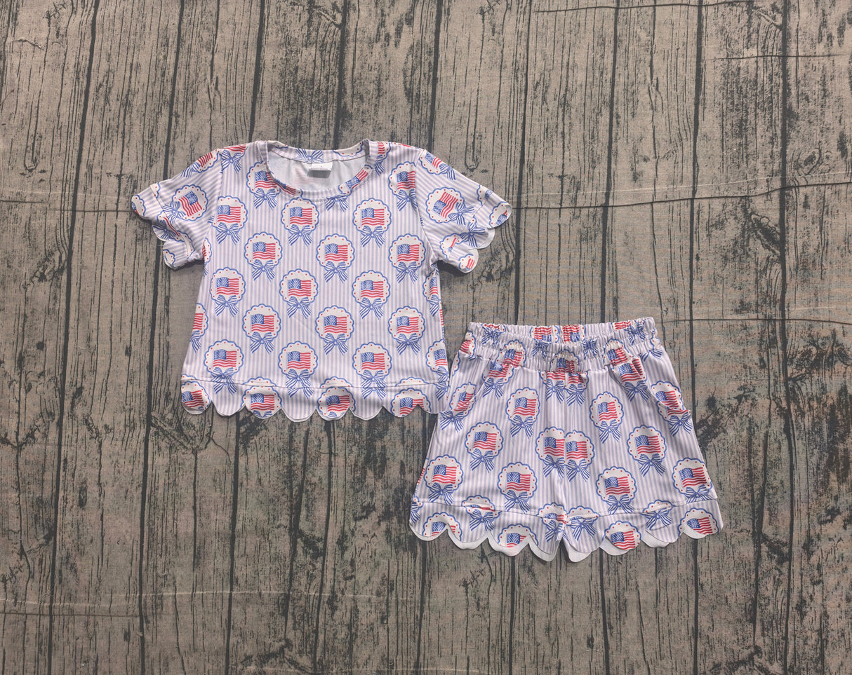 Stripe flag bow scallop kids girls 4th of july outfits