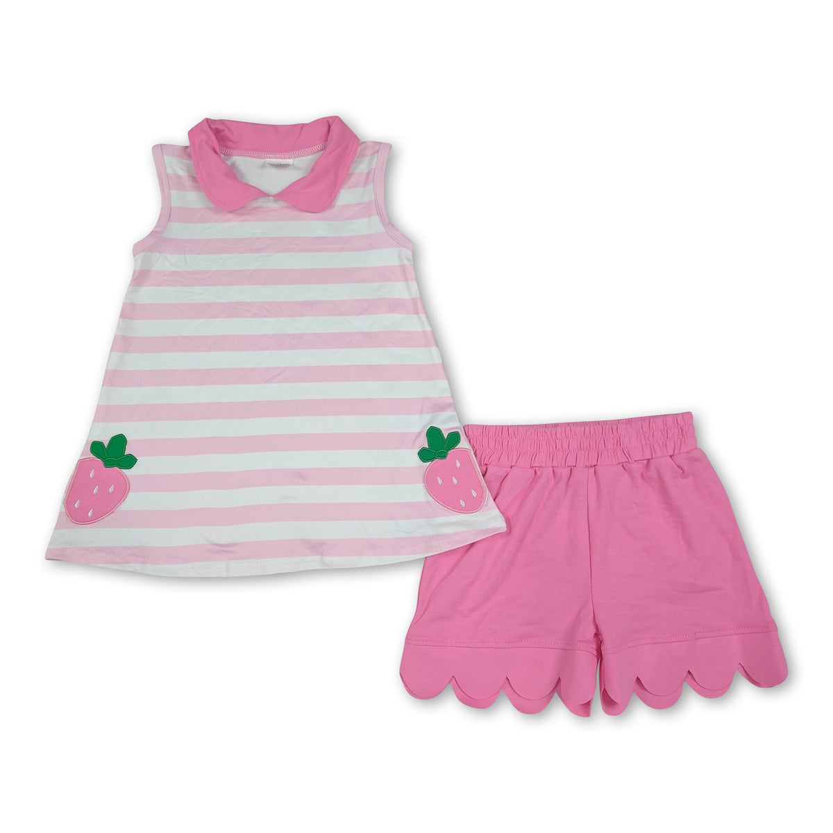 Pink stripe strawberry embroidery scallop girls outfits