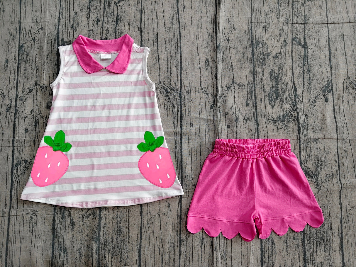 Pink stripe strawberry embroidery scallop girls outfits