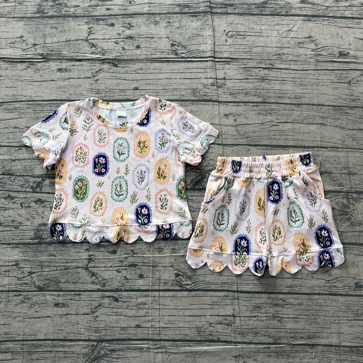 Short sleeves scallop floral toddler girls summer clothes