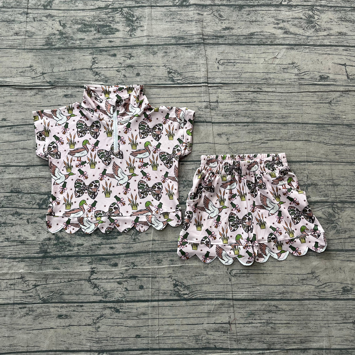 Short sleeves scallop duck camo bow girls summer clothes