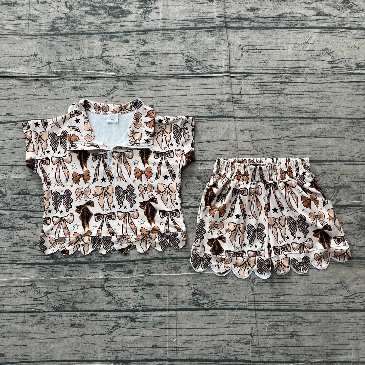 Short sleeves scallop gold bow girls summer clothes