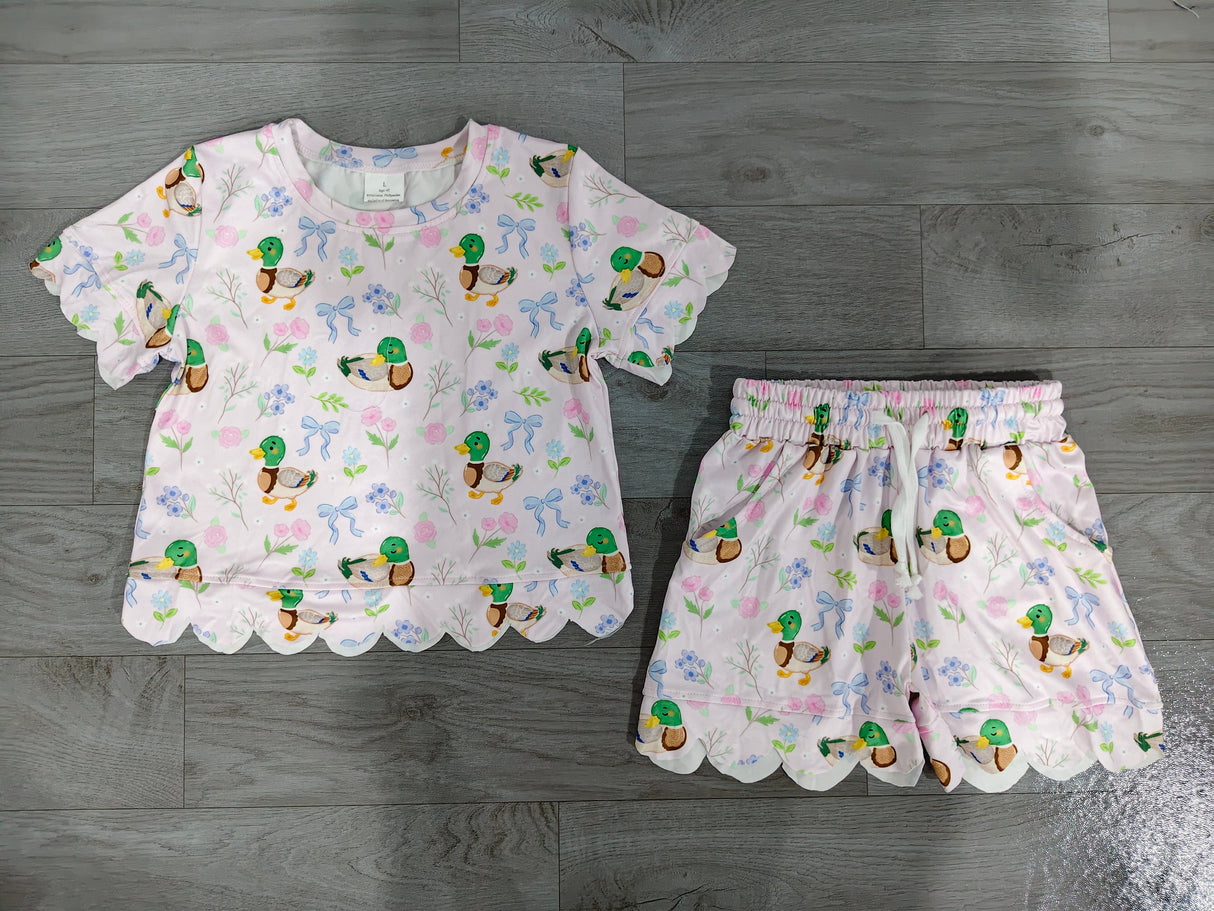 Short sleeves scallop duck floral bow girls summer clothes