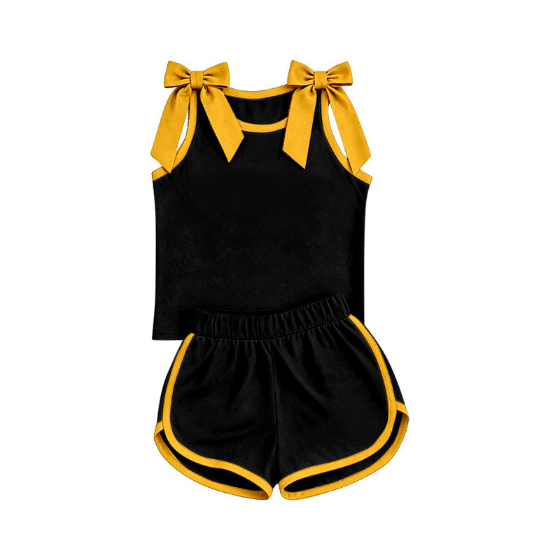 Sleeveless gold bow black top shorts girls team outfits