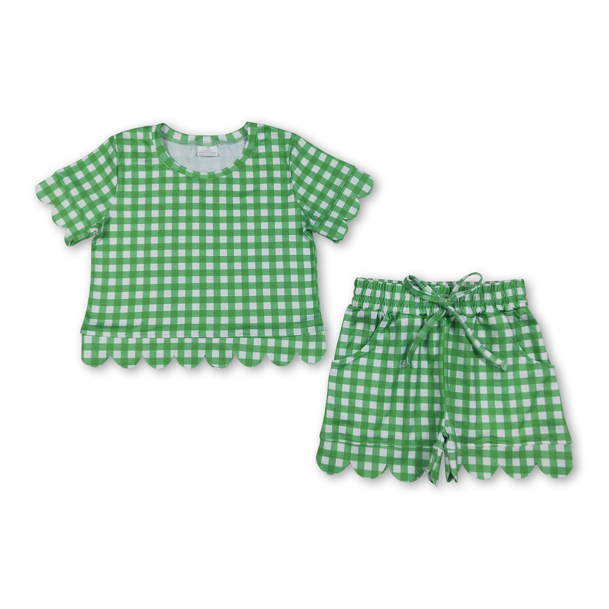 Short sleeves green plaid scallop top shorts girls team outfits