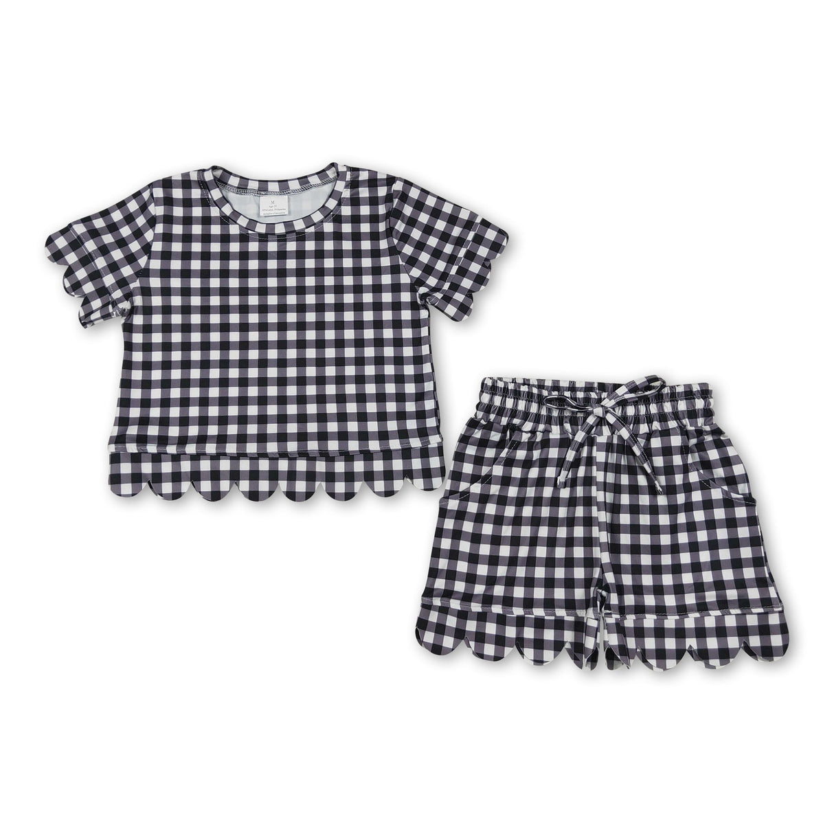 Short sleeves black plaid scallop top shorts girls team outfits