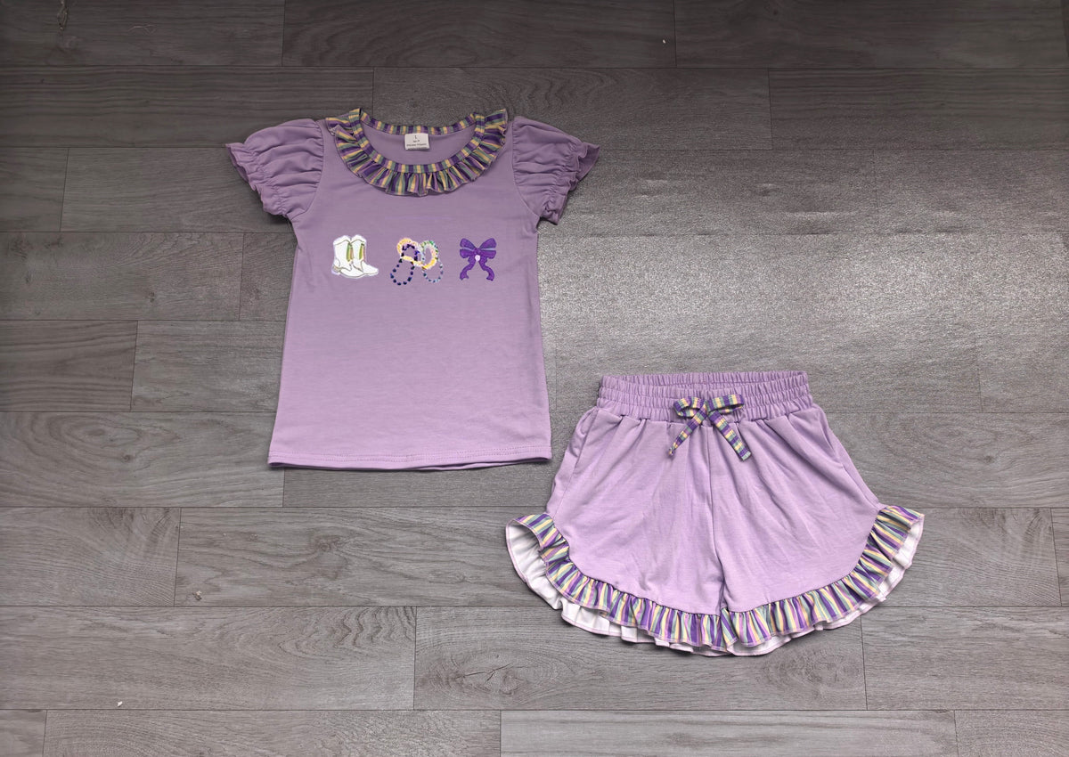 Boots bow embroidery top shorts girls Mardi Gras outfits