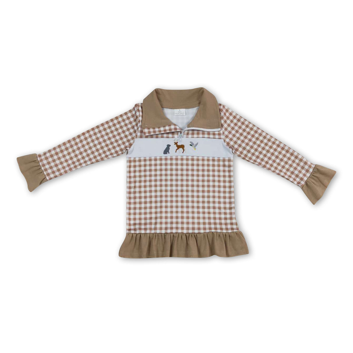 Khaki plaid dog deer duck kids girls zipper pullover