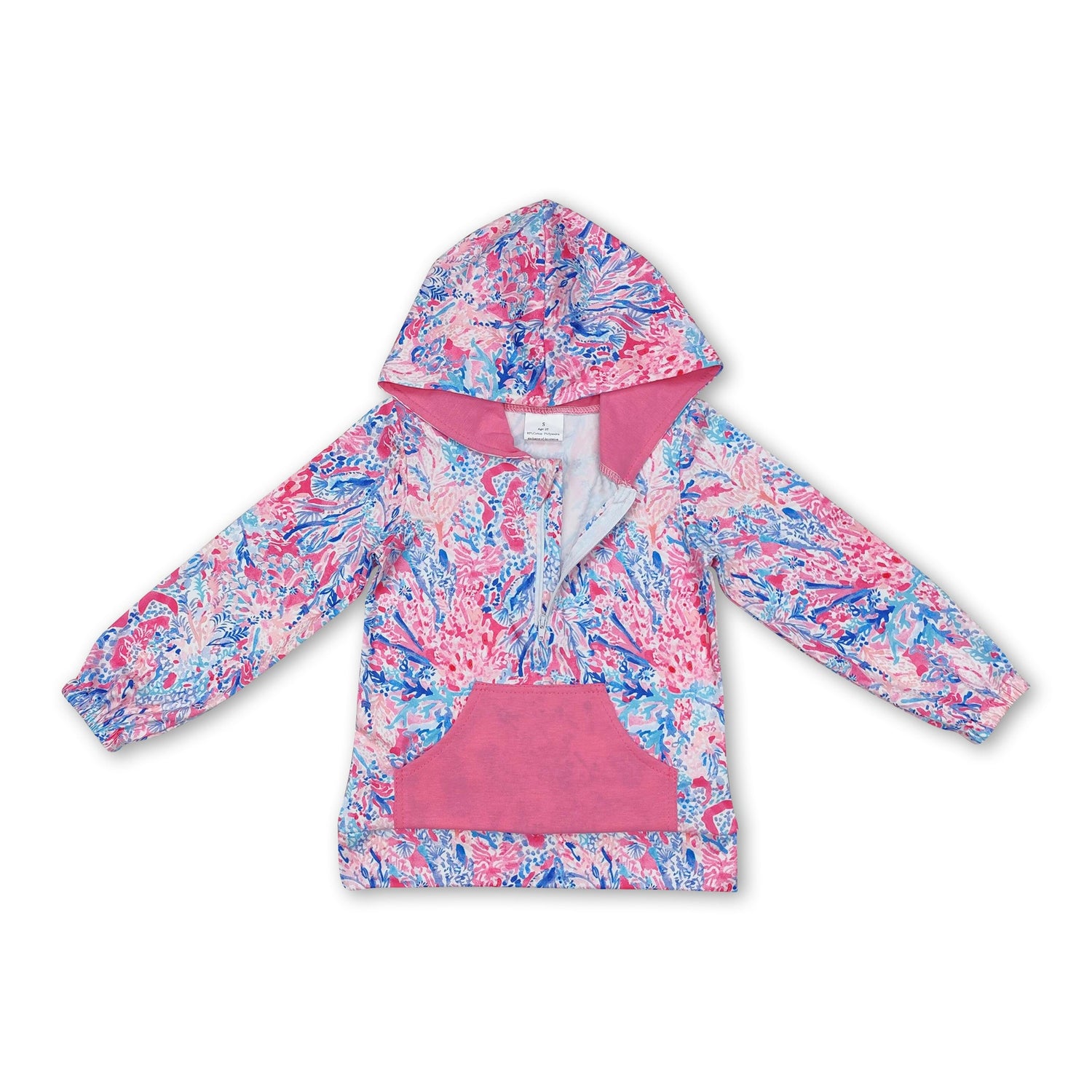 Hot pink pocket watercolor kids girls zip hoodie
