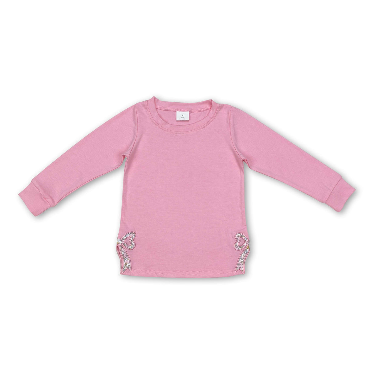 Pink cotton long sleeves floral bow embroidery girls clothes