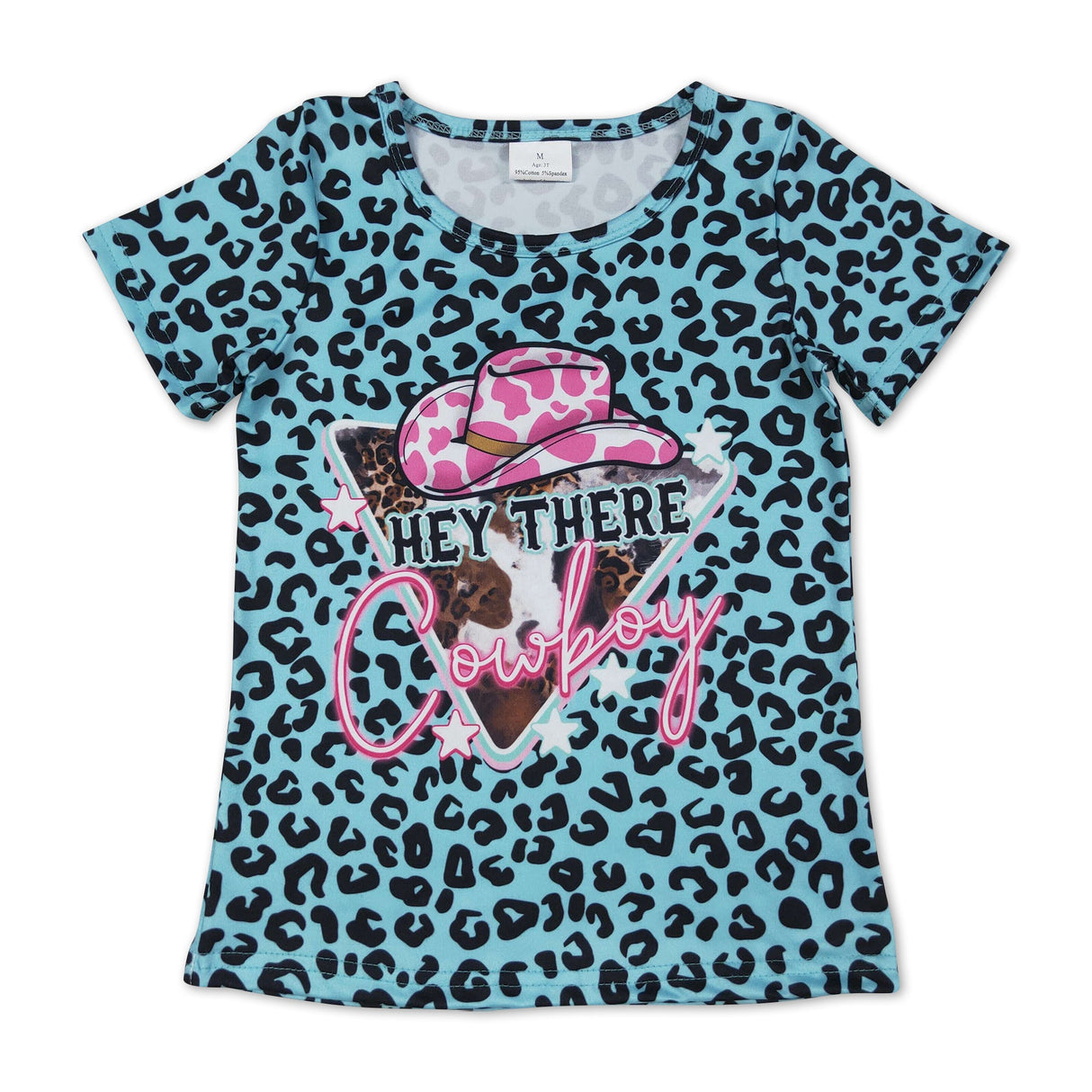 Short sleeves turquoise leopard cow hat girls shirt