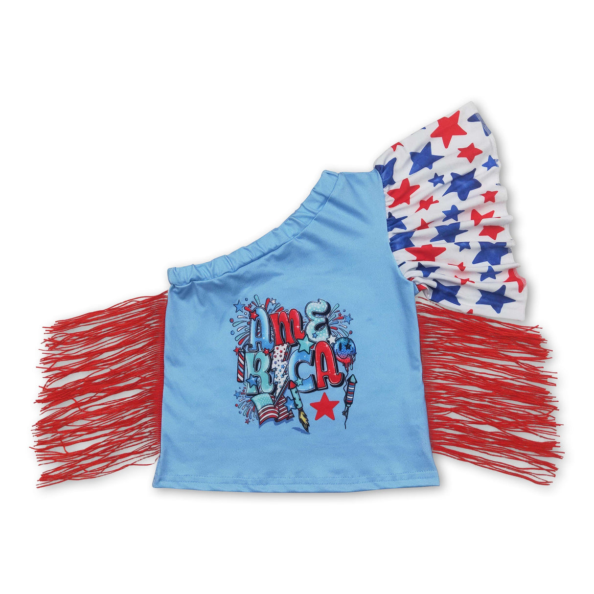 One shoulder stars tassels American girls 4th of july shirt