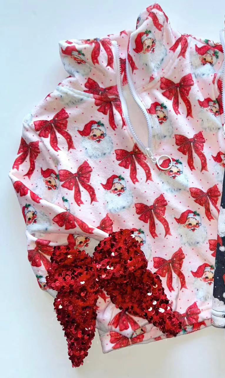 Pink polka dots santa bow kids girls Christmas pullover