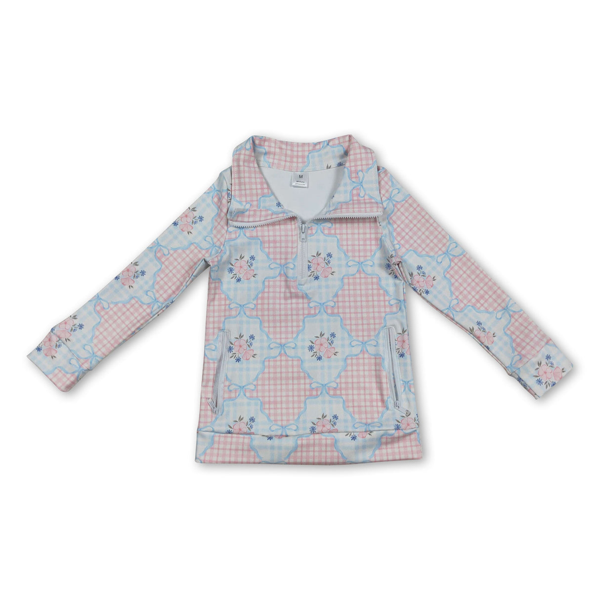 Long sleeves plaid floral bow girls activewear pullover