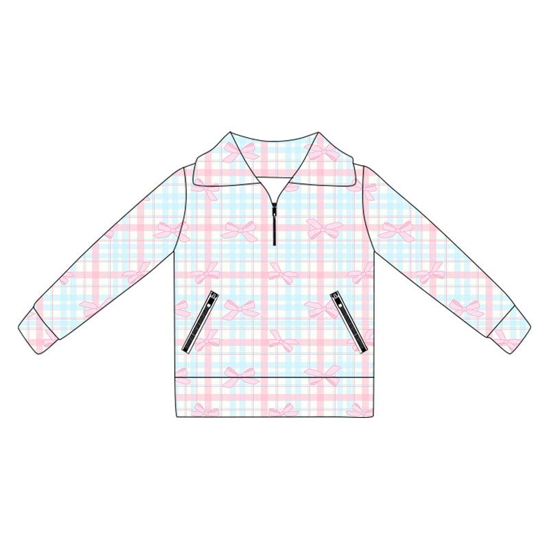 Long sleeves pink bow plaid zipper girls activewear pullover