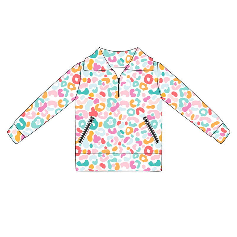 Long sleeves colorful leopard zipper girls activewear pullover