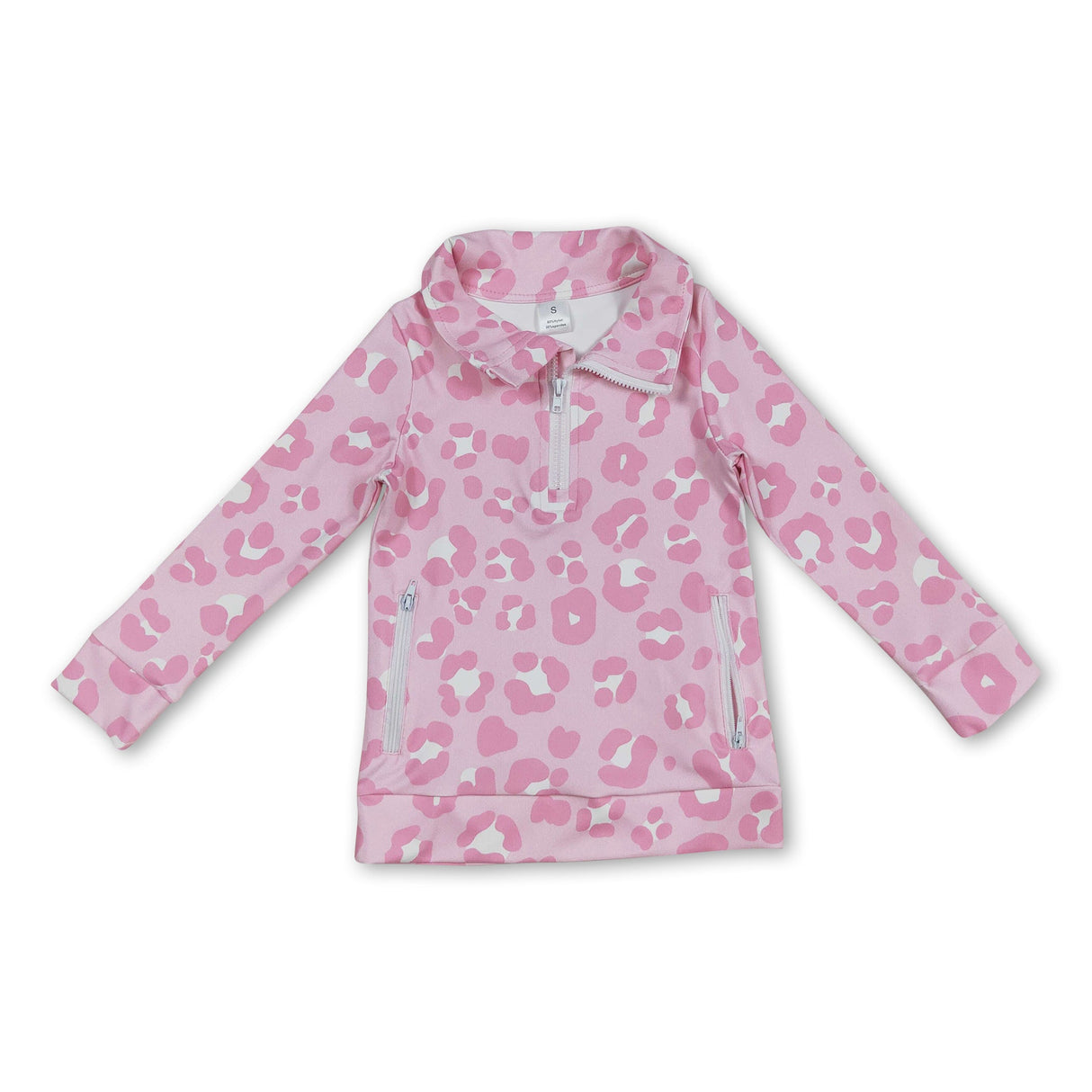 Long sleeves white pink leopard zipper girls activewear pullover