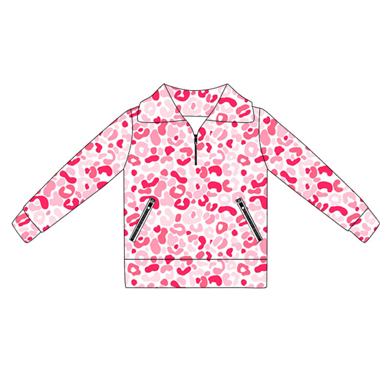 Long sleeves pink leopard zipper girls activewear pullover