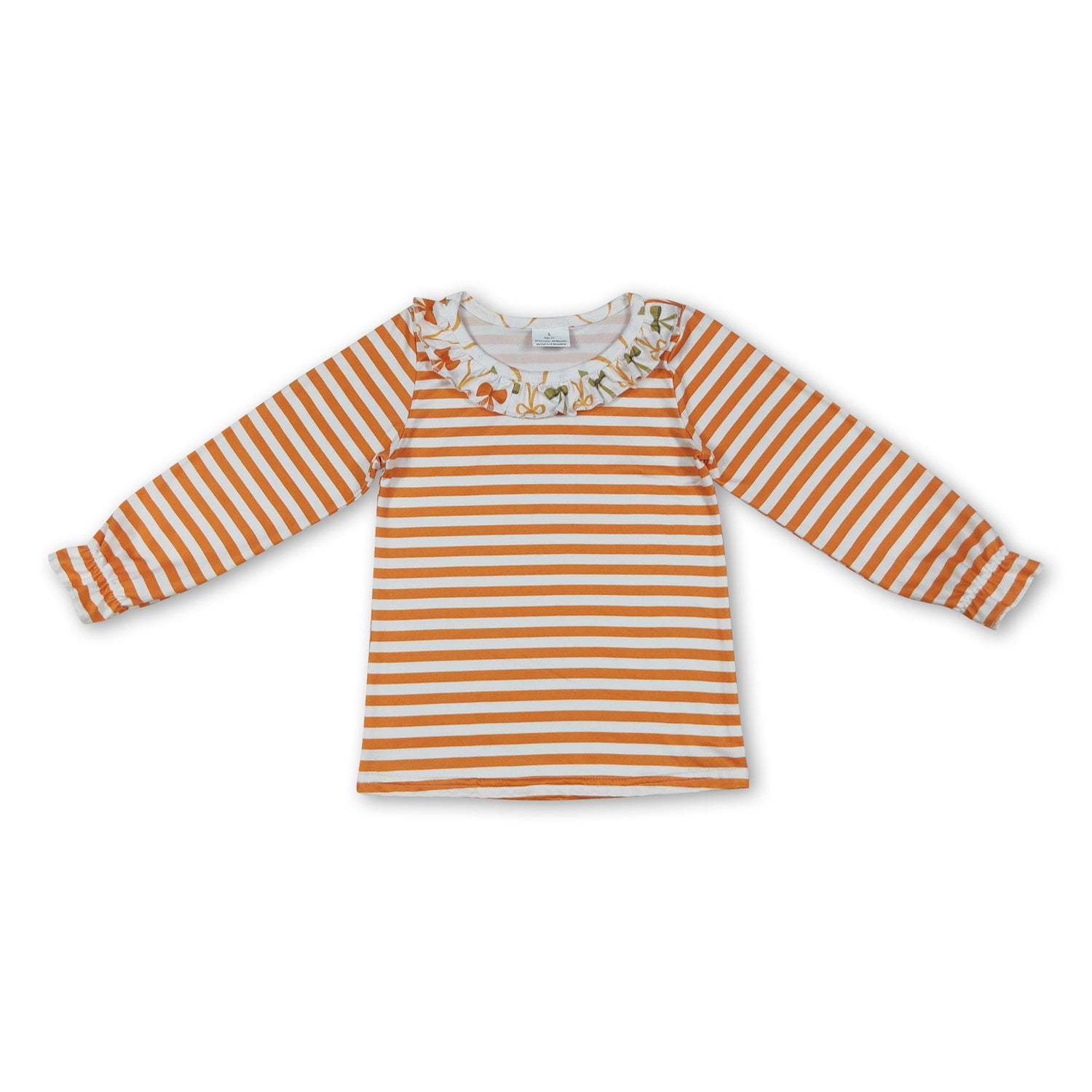 Long sleeves orange stripe bow ruffle girls fall shirt
