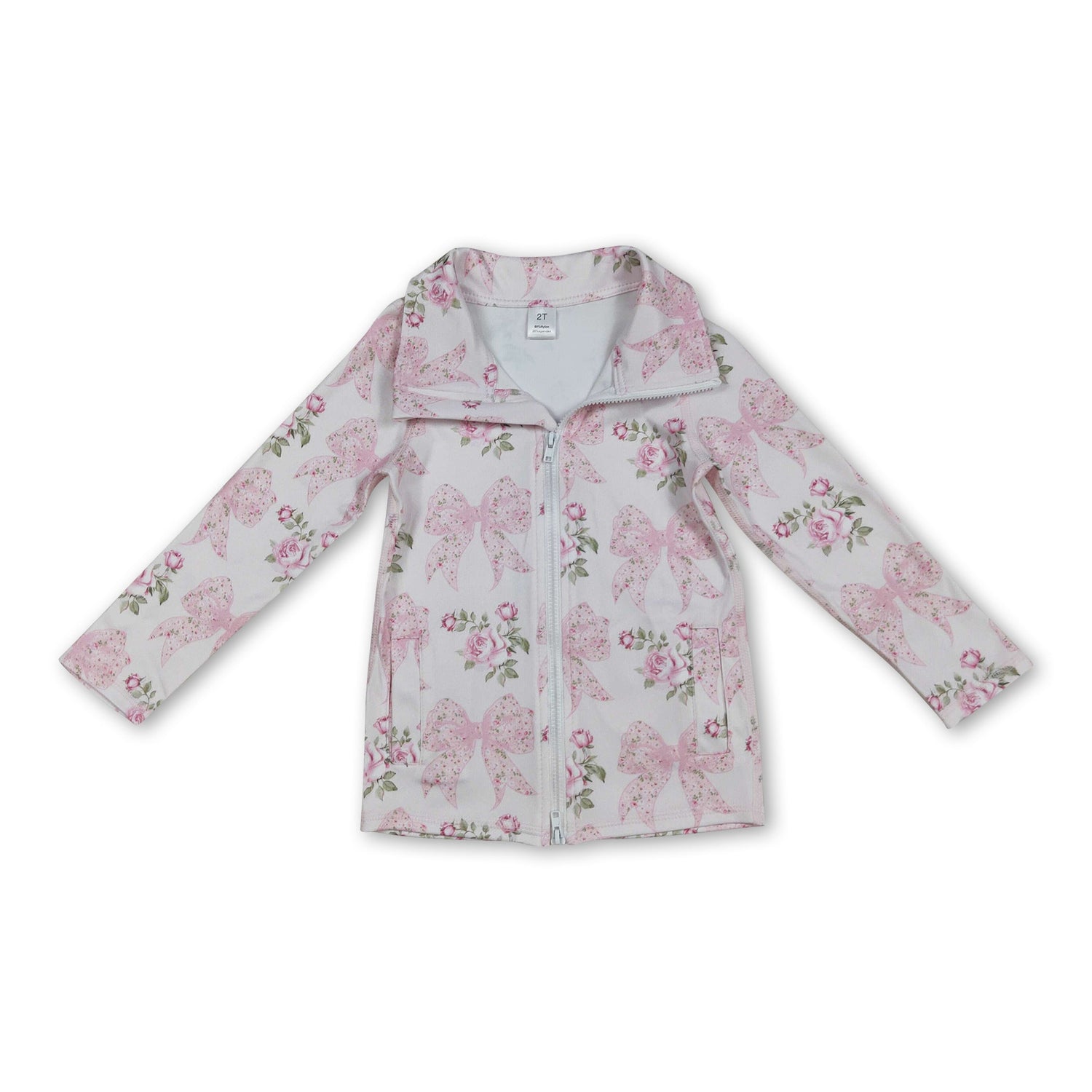 Long sleeves pink floral bow zipper girls yoga top