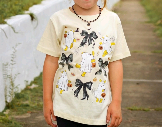 Short sleeves ghost bow pumpkin girls Halloween shirt