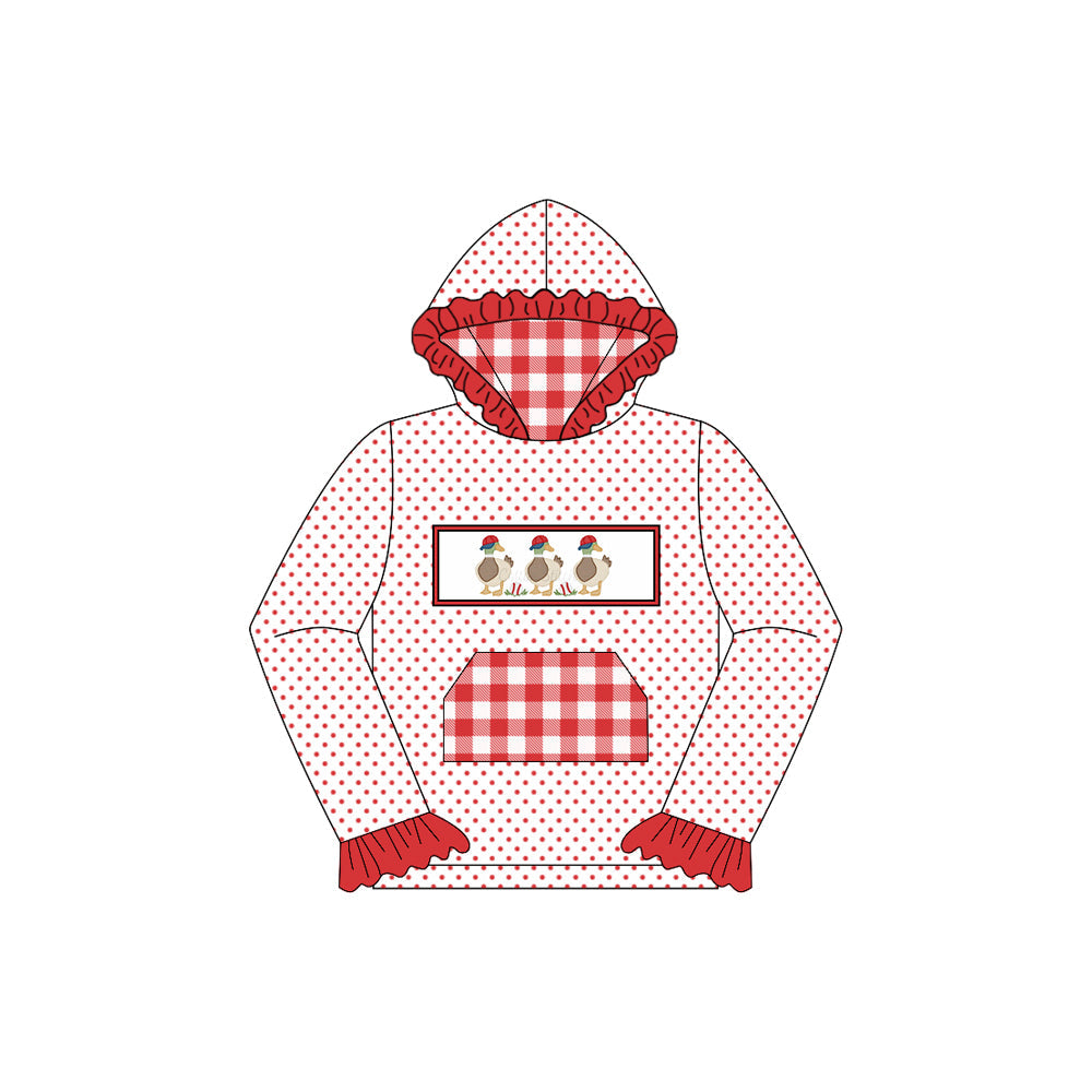 Red polka dots dog plaid pocket duck kids girls hoodie