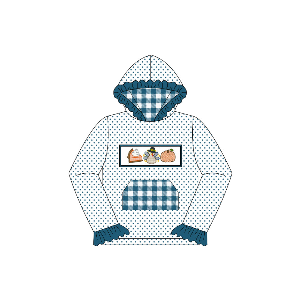 Blue polka dots dog turkey pumpkin girls Thanksgiving hoodie