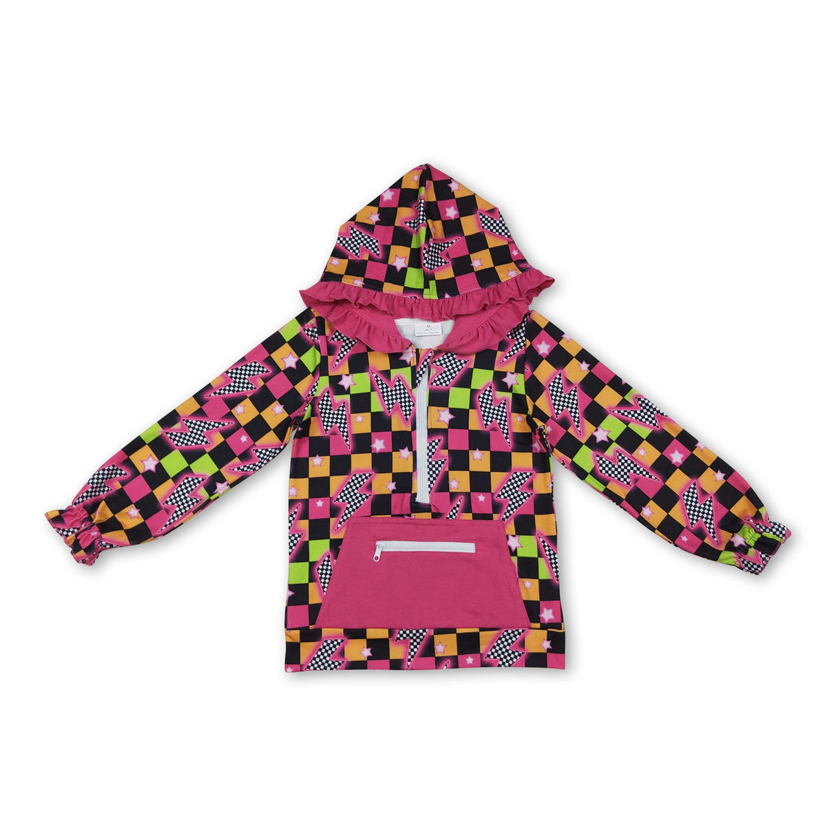 Long sleeves plaid thunder ruffle girls zipper hoodie