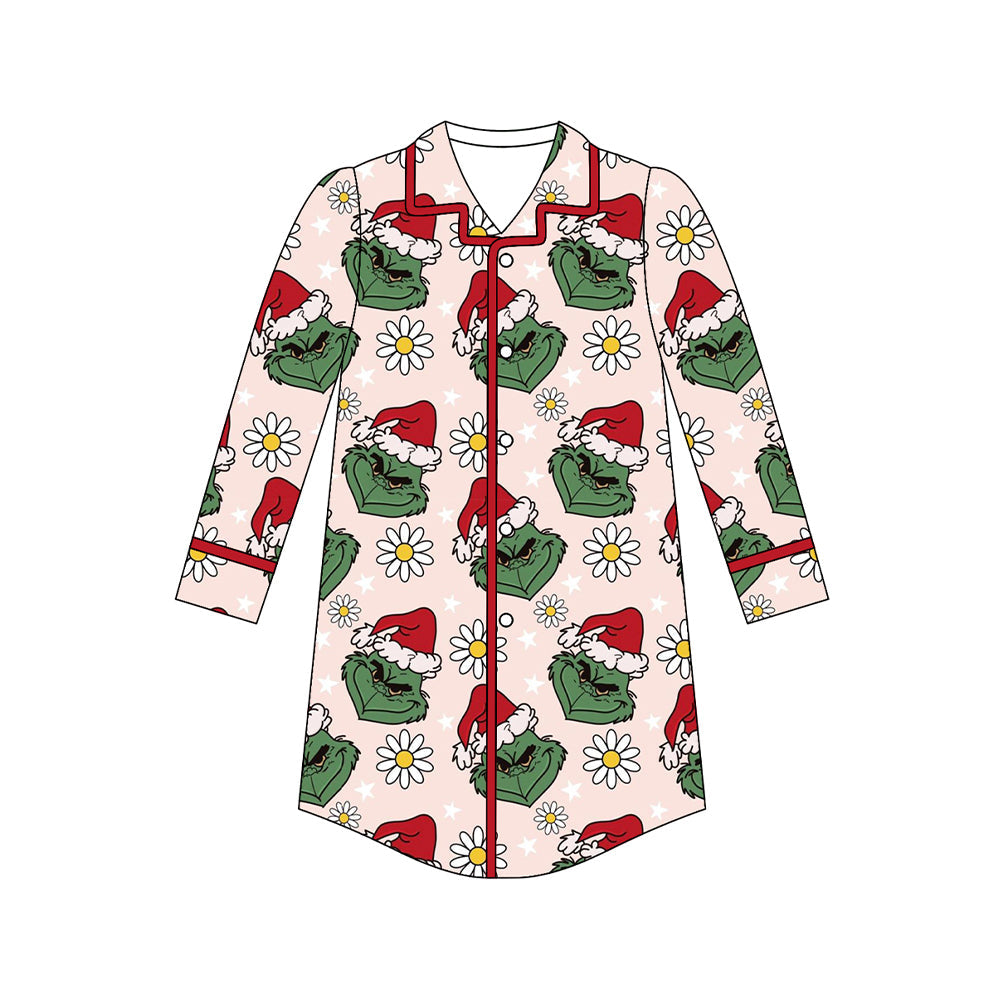 Long sleeves floral green face women Christmas sleepwear top