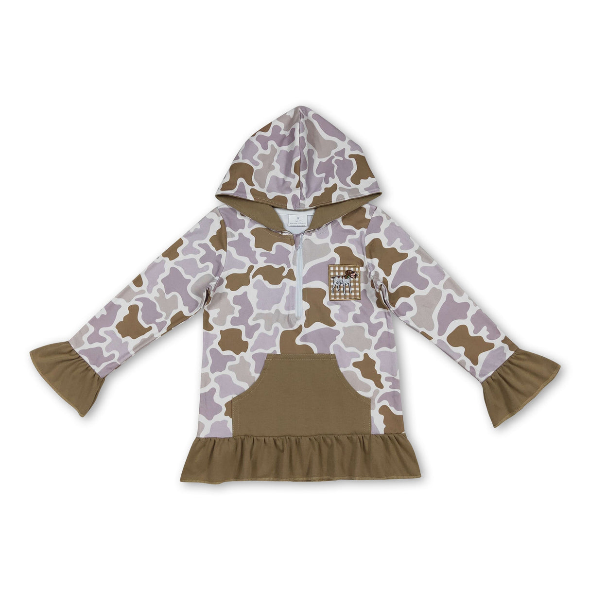 Ruffle long sleeves pocket dog camo girls zipper pullover