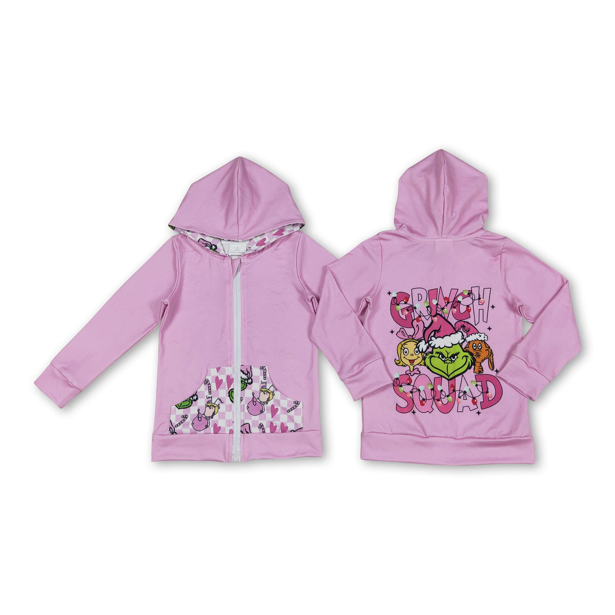 Pink green face pockets girls Christmas hooded jacket