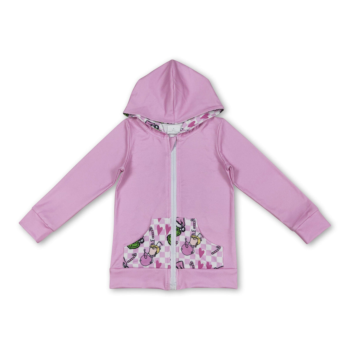 Pink green face pockets girls Christmas hooded jacket
