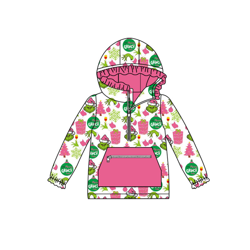 Pink pocket gift green face girls Christmas zipper hoodie