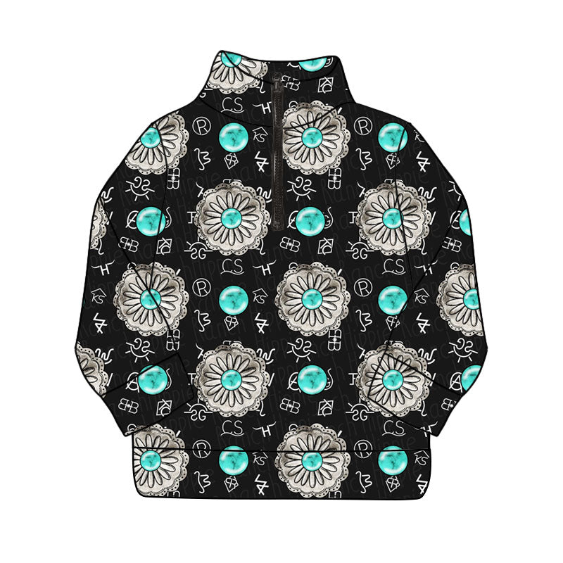 Black turquoise western adult women zipper pullover