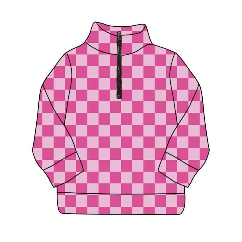 Long sleeves pink plaid adult women zipper hoodie