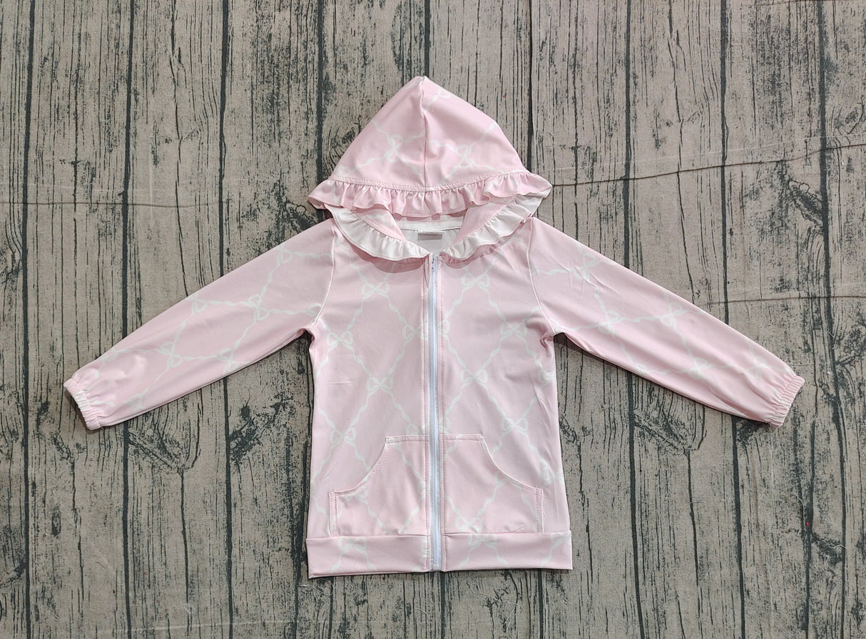 Long sleeves white bows pocket girls hooded jacket