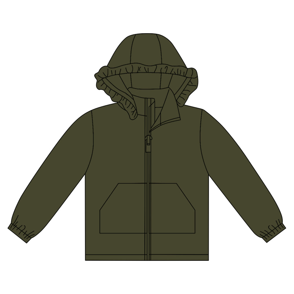Long sleeves dark green solid zipper pocket girl hoodie