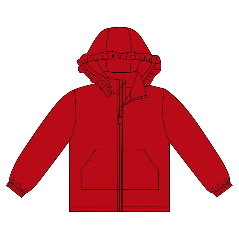 Long sleeves red solid zipper pocket girl hoodie