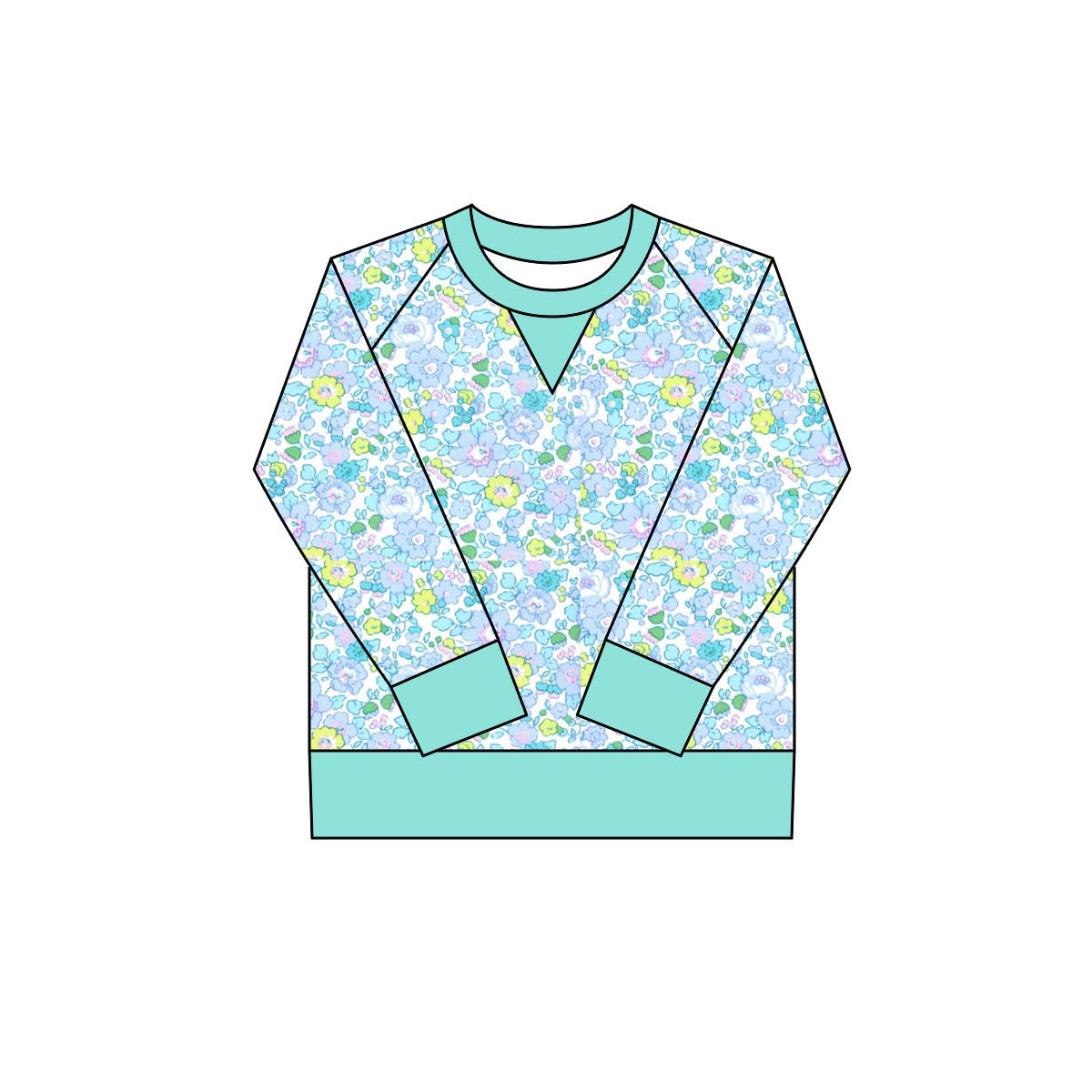small cyan flowers print yoga girl long sleeve top