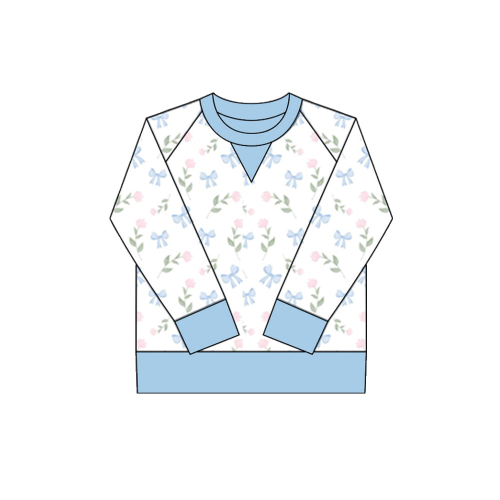 small flowers print yoga girl long sleeve blue top